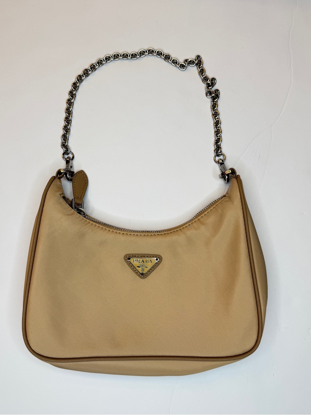 Prada Beige  tan  nylon Shoulder Bag with silver Chain Strap